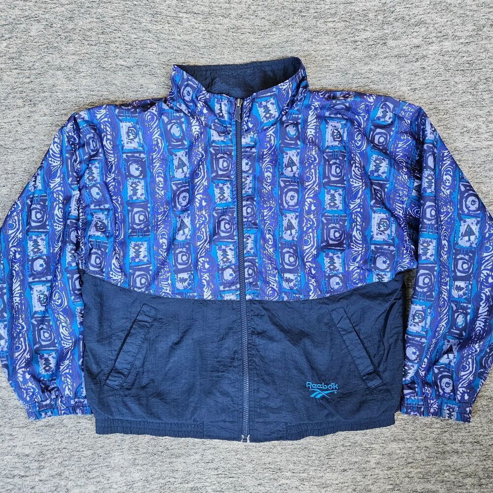 VINTAGE REEBOK Windbreaker Women's Medium Blue Geometric Full-Zip 90s Retro Y2K